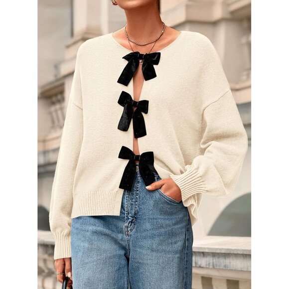 Women’s Knit Cardigan Sweater Long Sleeve Bow Tie Front Fall Winter Tops - Picture 8 of 8